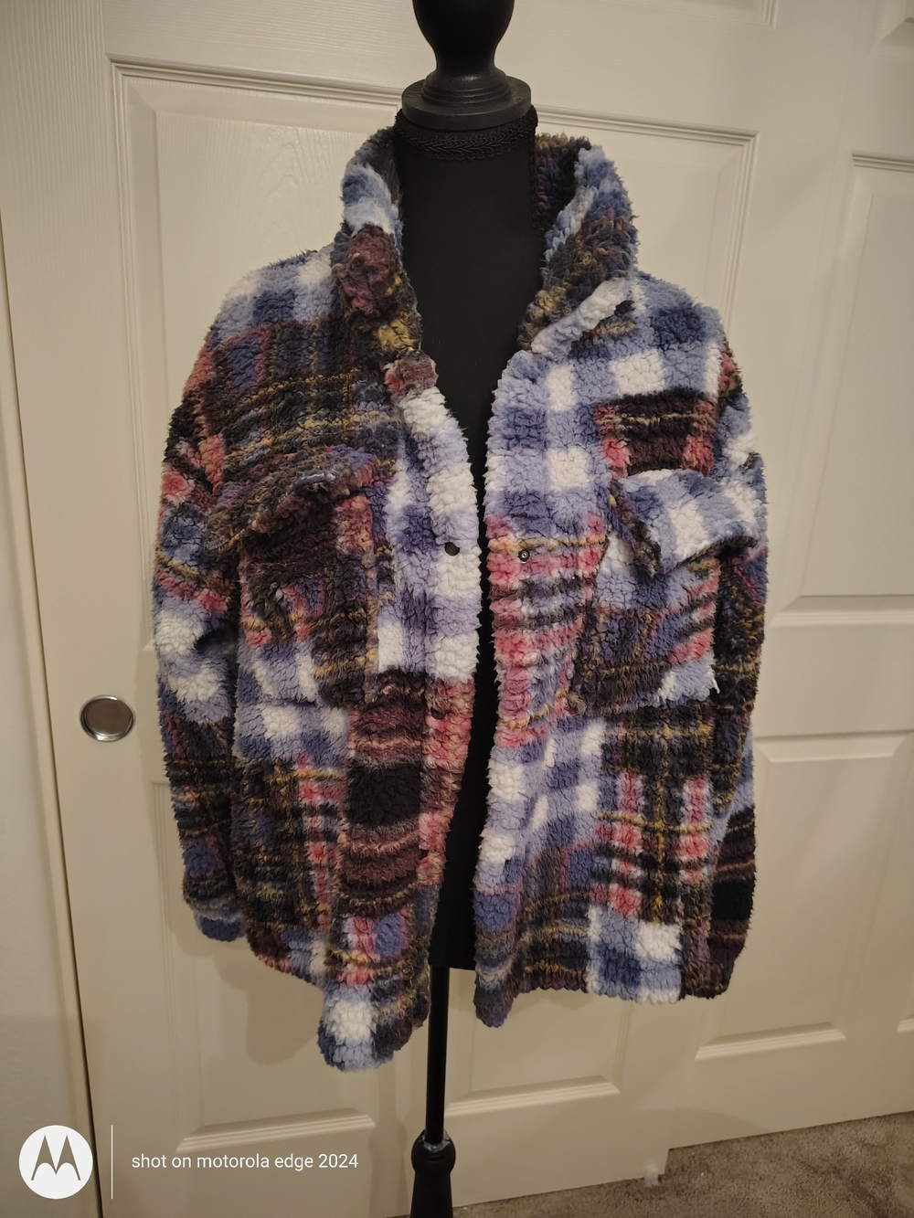 Spoiled Plaid Teddy Jacket - Blue, White, Pink, Brown. Soft, Fuzzy, Lite Weight.